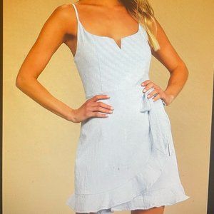 Lulus Light Blue Ruffled Faux-Wrap Mini Dress-NEW
